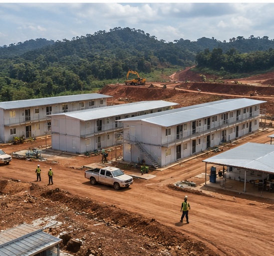 Kamp konstruksi modular terpencil di Sumatra atau Kalimantan