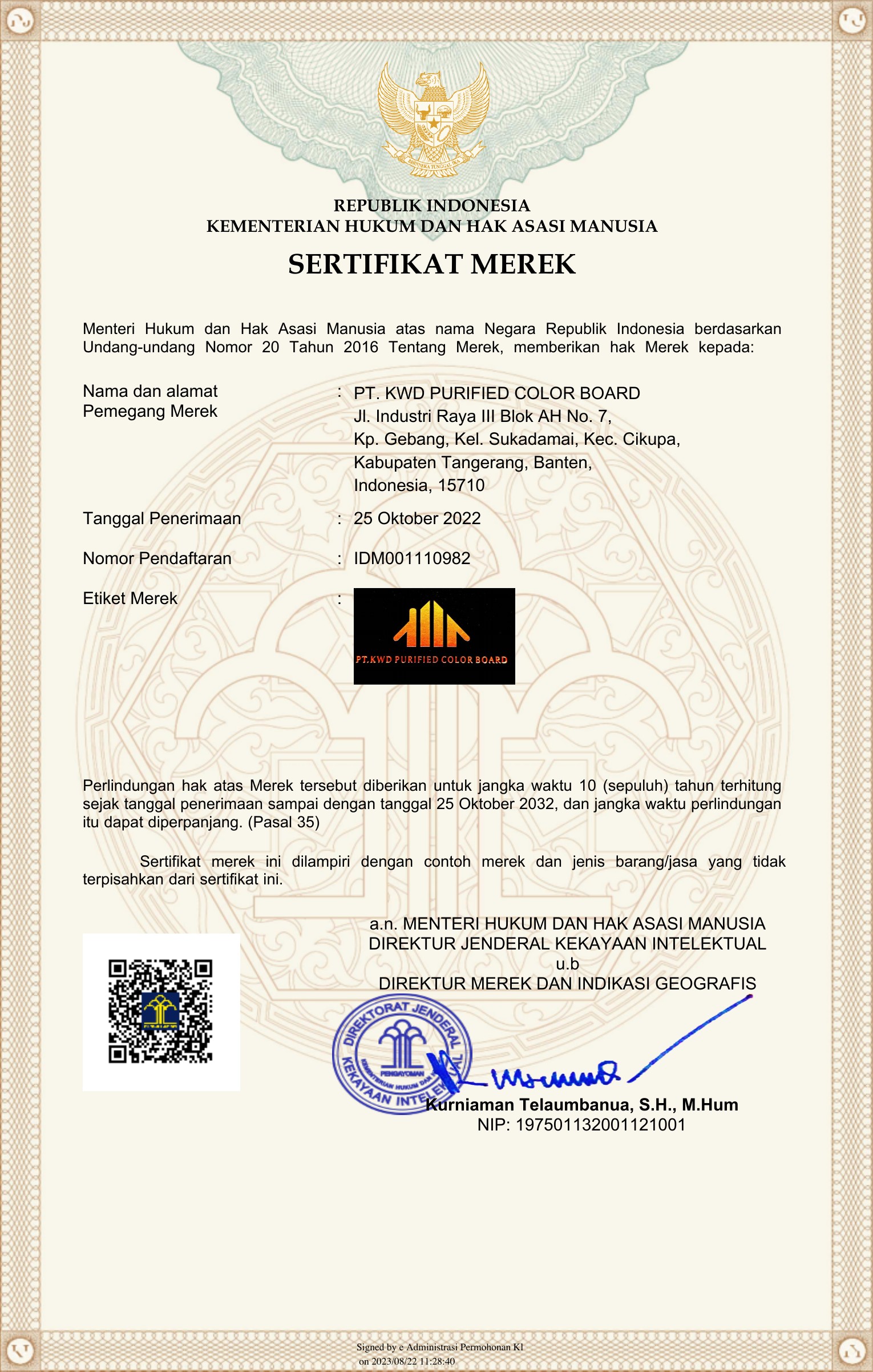 Sertifikat Merek Terdaftar PT KWD