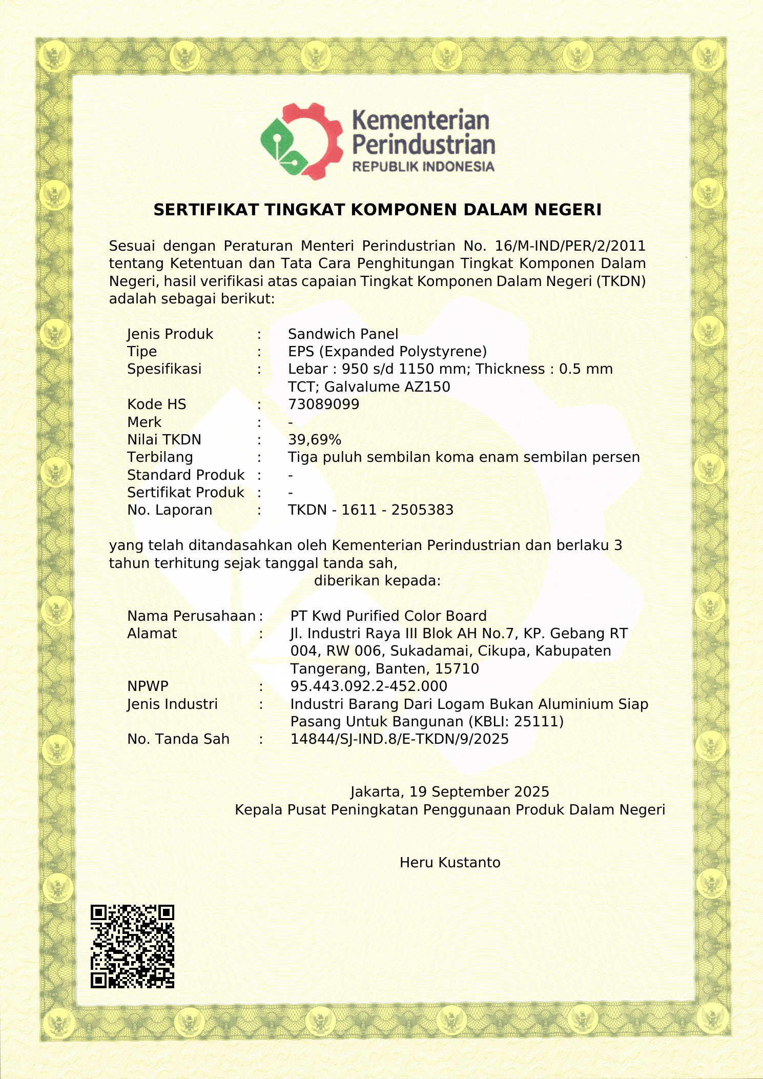 Sertifikat TKDN - Sandwich Panel EPS