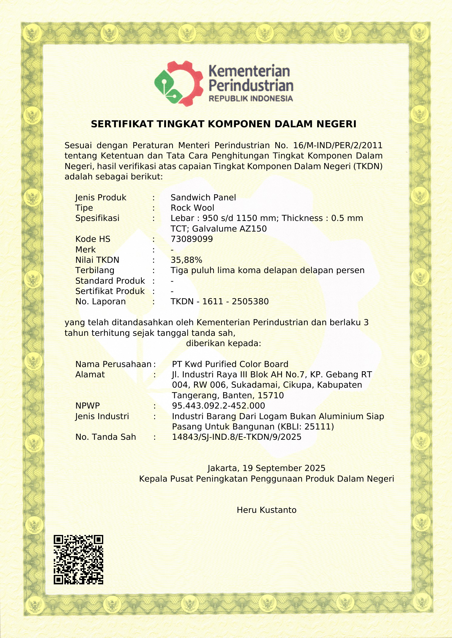 Sertifikat TKDN - Sandwich Panel Rock Wool