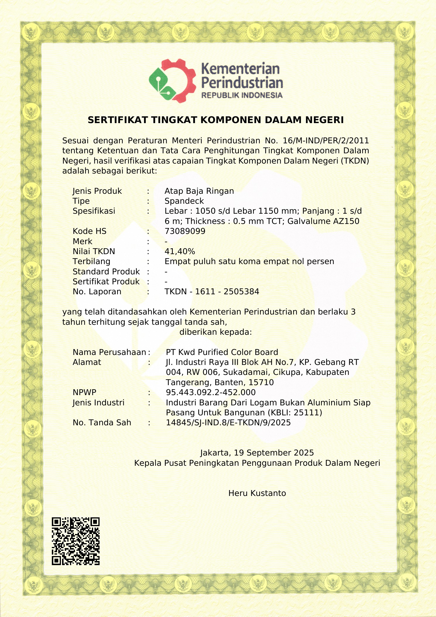 Sertifikat TKDN - Atap Spandeck