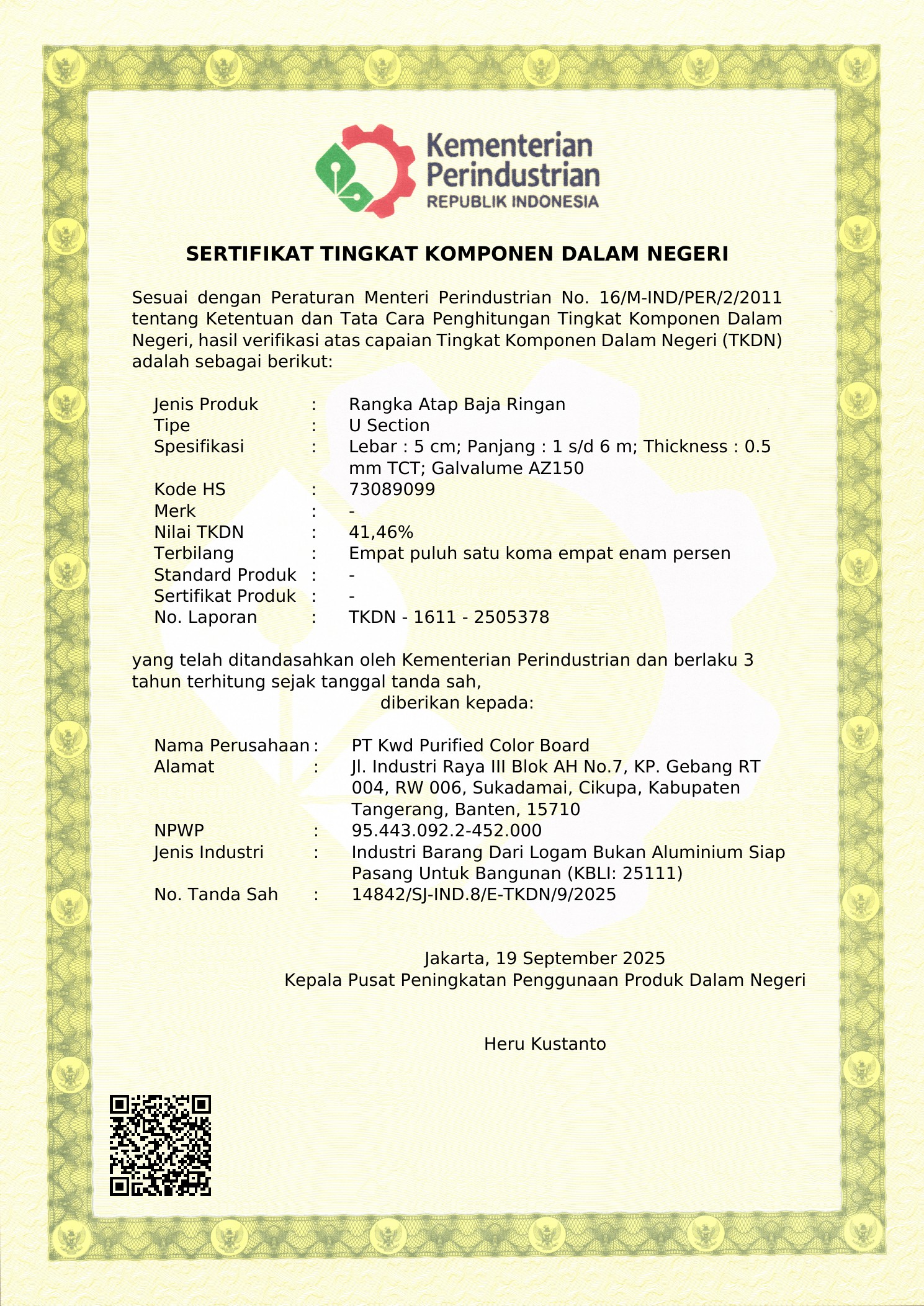 Sertifikat TKDN - Rangka Baja Ringan U Section